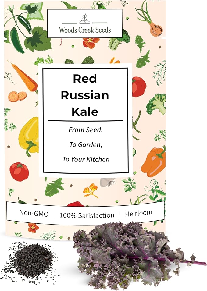 Woods Creek Seeds: Red Russian Kale Seeds for Planting - Over 480 Heirloom Non-GMO Kale Seeds for Planting Outdoors, Indoors or for Hydroponic Gardening - Ideal for Vegetable Gardening at Home