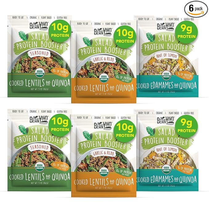 BeanVIVO - Variety 6 Pack Salad Protein Boosters - Seasoned, Garlic & Herbs, Edamame - Delivering a burst of taste and 10g of protein-packed goodness in every pouch 5oz pouches each