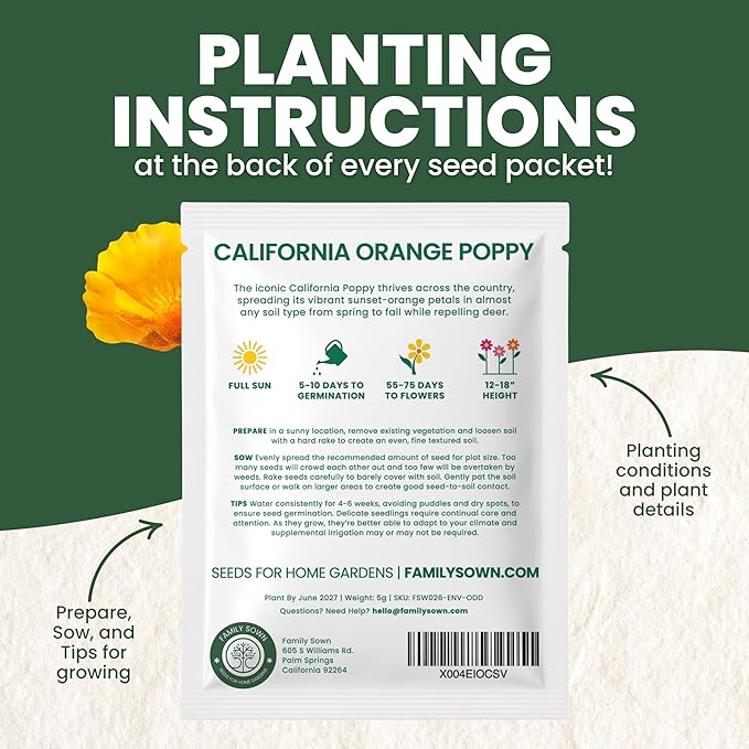 California Poppy Orange - Large 5g Envelope - 2,000 Flower Seeds for Planting - Eschscholzia californica