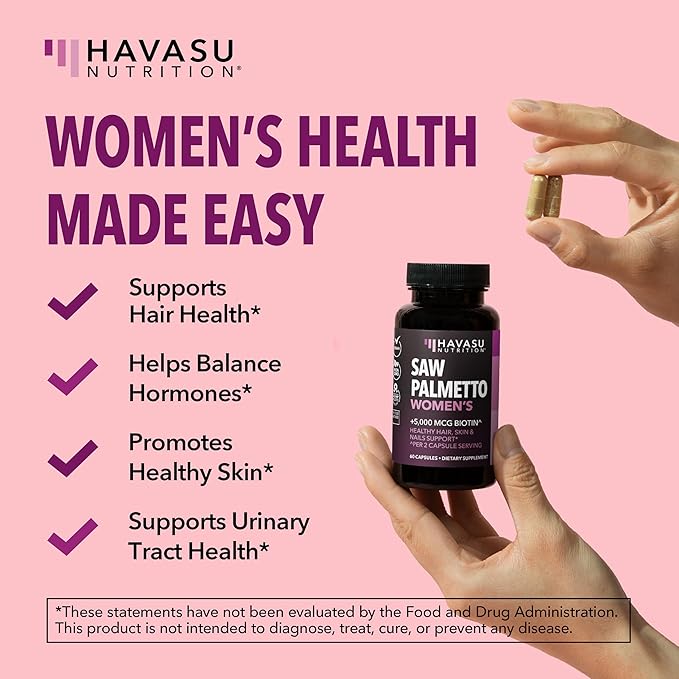 Saw Palmetto for Women with Biotin 5000mcg - Powerful DHT Blocker to Support Hair, Skin, and Nail Health - 60 Count - Vegan, Non-GMO Vitamin for Stronger, Fuller Looking Locks - 1 Month Supply