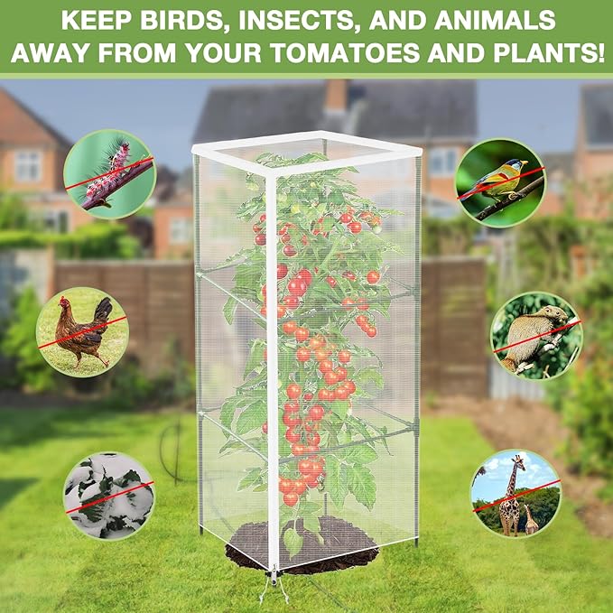 6 Pack 59" x 17.7" Garden Bird Netting for Square Tomato Cage, Tomato Trellis Netting with Zipper & Drawstring, Insect Bird Barrier Plant Cover