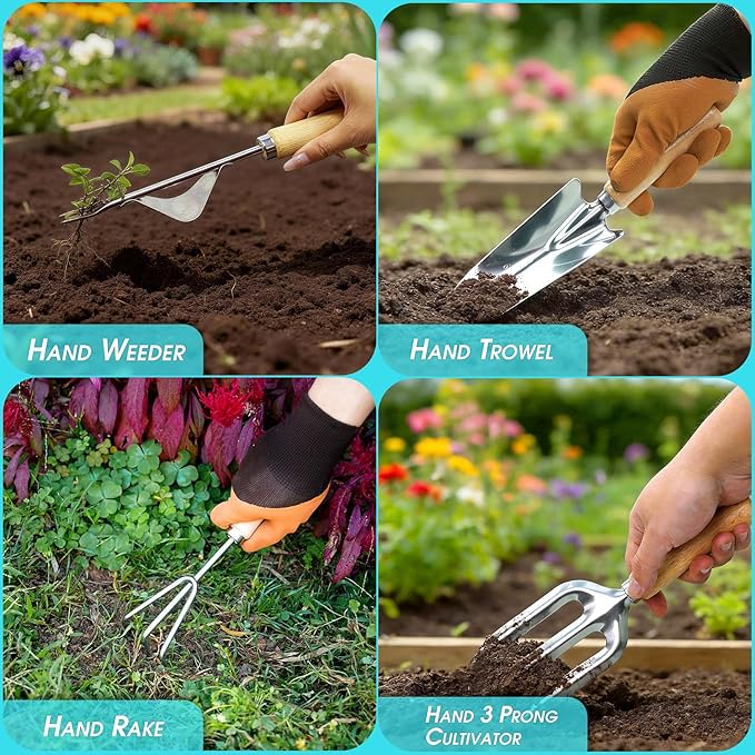 Garden Tool Set, 10 PCS Gardening Essentials, Stainless Steel Garden Hand Tools with Tote Bag, Well-Designed Gardening Supplies Kit Gifts for Women Men Gardeners
