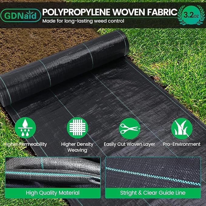 3ftx180ft Weed Barrier Landscape Fabric Heavy Duty, 3.2oz Weed Barrier Garden Fabric, Easy Setup Woven Landscaping Fabric