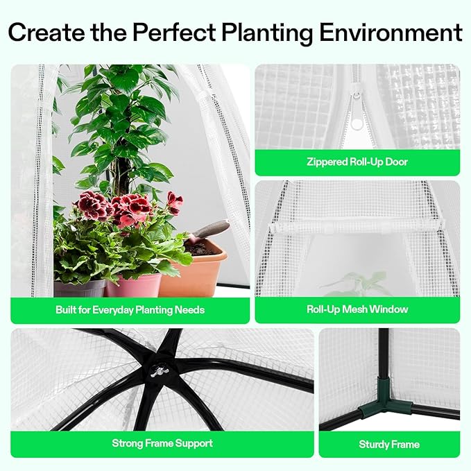 VIVOSUN Portable Mini Greenhouse 72x63x63-Inch Tent-Style Greenhouse, PE Cover with Roll-up Zipper Door and Window, for Indoor Outdoor or Garden Plant Growing, White