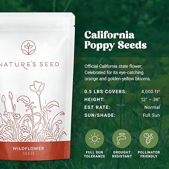 Nature’s Seed California Poppy Wildflower Seeds for Planting, Drought Tolerant, Pollinator Friendly, 0.5 lbs