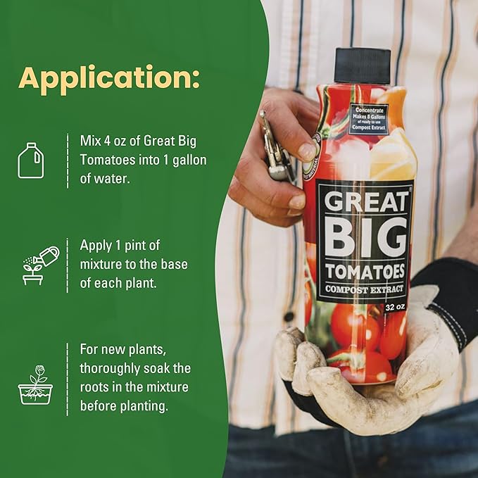 Great Big Tomatoes Soil & Fertilizer Booster for Big Vegetable Yields, Better Fertilizer & Plant Food Efficiency, and Garden Performance. Perfect for Beginners. 32 Ounce Concentrate (Makes 8 Gallons)