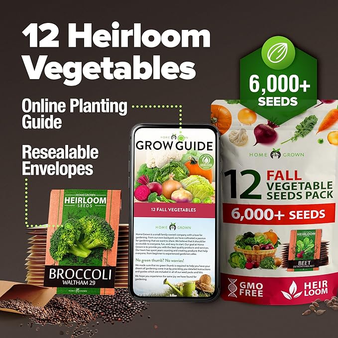HOME GROWN 12 Fall Vegetable Seeds 6,000+ Heirloom Seeds for Fall & Winter Planting – Beets, Broccoli, Cabbage, Kale, Onion, Pumpkin, Turnip, Lettuce, Peas & More for Home Garden