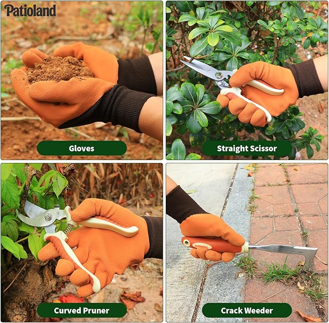 10-Piece Garden Tool Set, Brown Gardening Hand Tools with Non-Slip Handles, Heavy Duty Rust-Proof Aluminum Tools, Organizer Tote Bag & Gardening Gloves, Ideal Gardening Gifts for Women and Men
