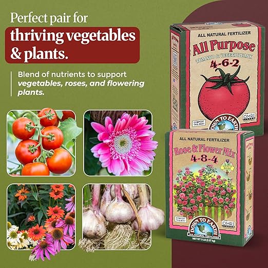 Down to Earth All Purpose 4-6-2 Tomato & Vegetable Mix + Rose & Flower Mix 4-8-4 Fertilizer Bundle | Organic Plant Food for Vegetables, Flowers, Herbs & Bulbs | OMRI-Listed | 5 LB Each