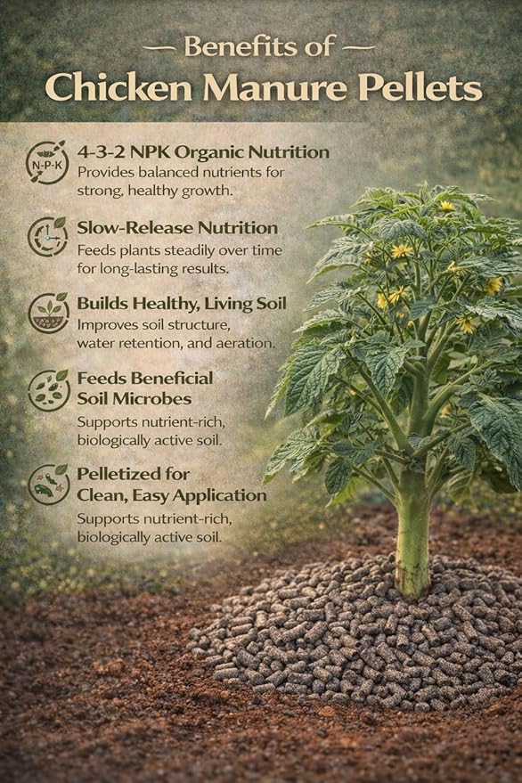Chicken Manure Pellets, 4-3-2 NPK Organic Plant Fertilizer and Soil Rebuilder, 1.5lb Bag