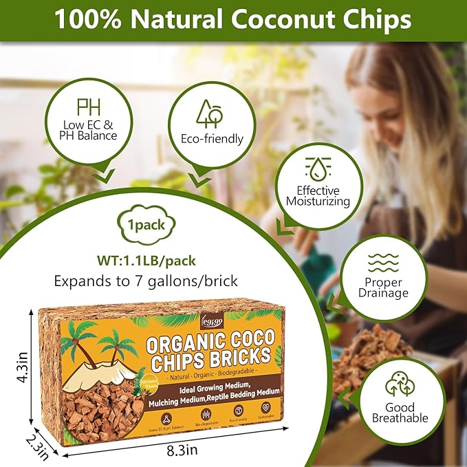 Legigo 1.1 LB Coco Coir Chips for Plants- 100% Organic Coconut Chips Brick Potting Mix with Low EC & PH Balance, Coconut Husk Substrate Coco Husk Mulch for Garden, Planting, Orchid and Soil Mix