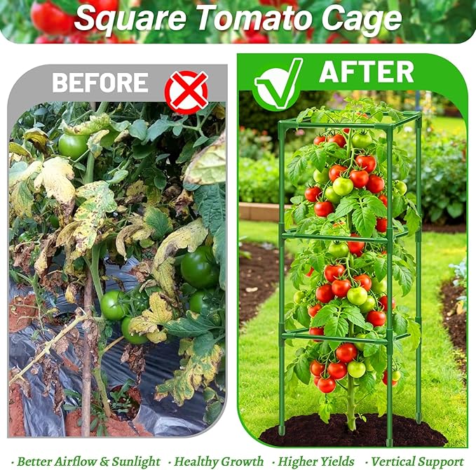 4 Pack Square Tomato Cages for Garden, 45 Inch Adjustable Tomato Stakes, Metal Tomato Trellis, Garden Plant Support for Potted Climbing Plants, Vegetables Flowers Fruits, Raised Garden Bed