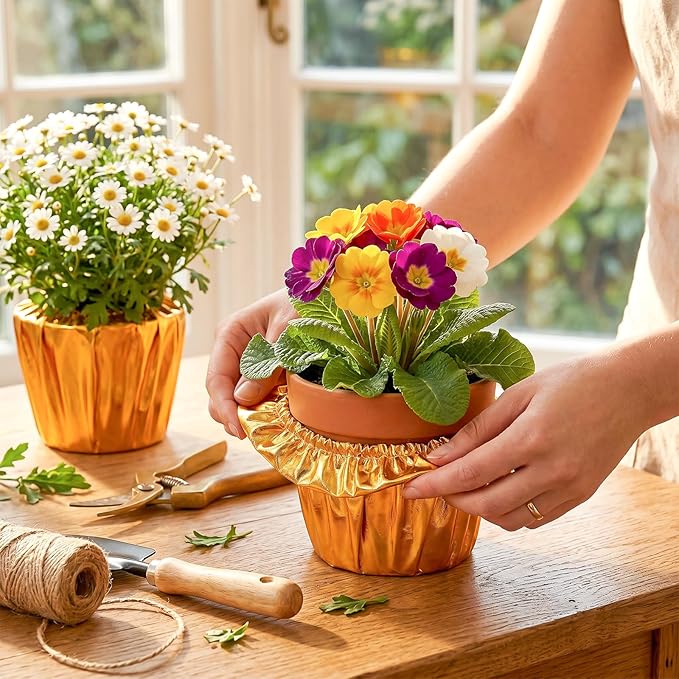 4 Pack Plant Pot Covers, Decorative Plant Sleeve Fit for 4.5 Inch Pots, Reusable Golden Cloth Wrap for Potted Plant, Versatile Planter Cover for Weddings Parties and Holidays (Fit for 4.5" Pots)