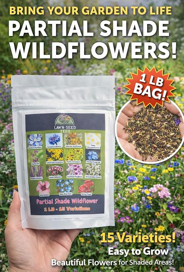 Partial Shade Wildflower Mix - (1LB) - Bring Color to Low-Light Areas that Thrive with Dappled Sun, producing Vibrant Blooms in Yards, Garden beds, Fence Lines, and Woodland Edges.