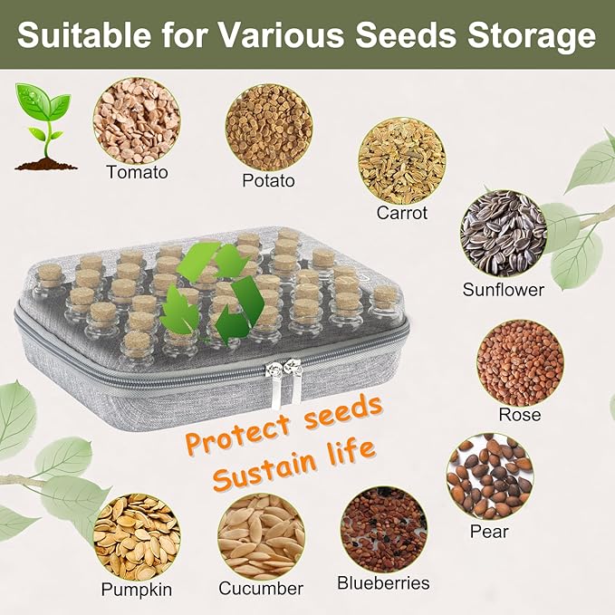 SMUJU 【40 Slots】 Seed Storage Organizer, Sturdy Seed Organizer Storage Box with Dual Zipper Bag and 42Pcs Label Stickers, Glass Seed Storage Container for Flower Vegetable Plants Garden Seeds Saving