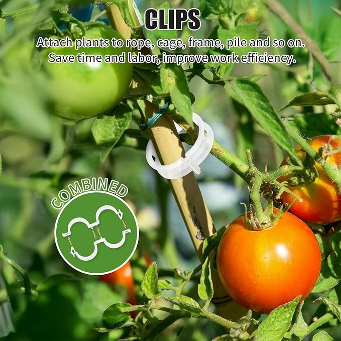30pcs Tomato Support Hooks with 60pcs Tomato Clips, J Hooks to Prevent Tomatoes from Pinching or Falling Off, Garden Hooks with 33.3ft Twine, Plant Climbing Hooks for Tomatoes Cucumber