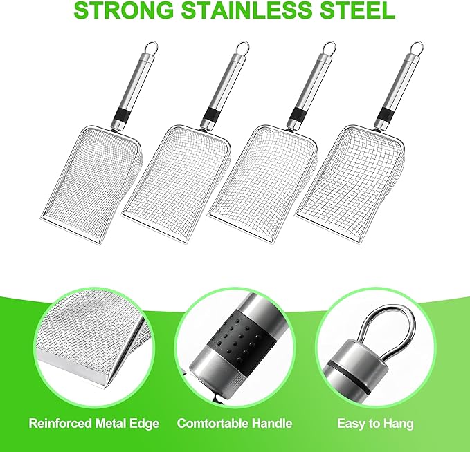 4pcs/Set Stainless Steel Soil Sifter for Gardening 4 Size Garden Sand Compost Sieves Dirt 2/2.8/3.8/5mm Mesh Dirt Rock Scoop Shovels with Handle Indoor Garden Planting Tool Compost