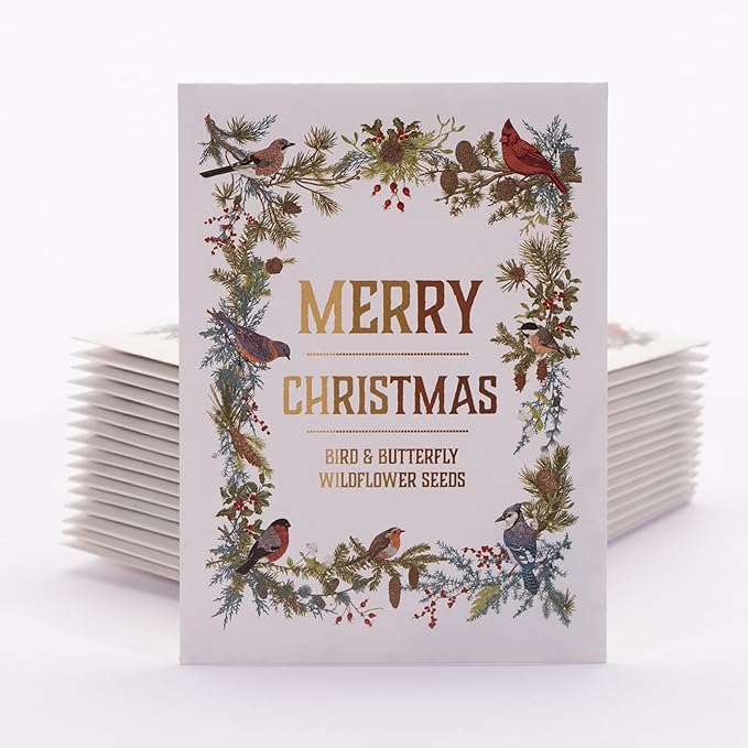 Bentley Seeds Co. Merry Christmas Wreath of Birds Holiday/Christmas Gift Tags | Non-GMO, Non Coated Bird & Butterfly Pollinator Wildflower Seed Mix | 25 Seed Packets