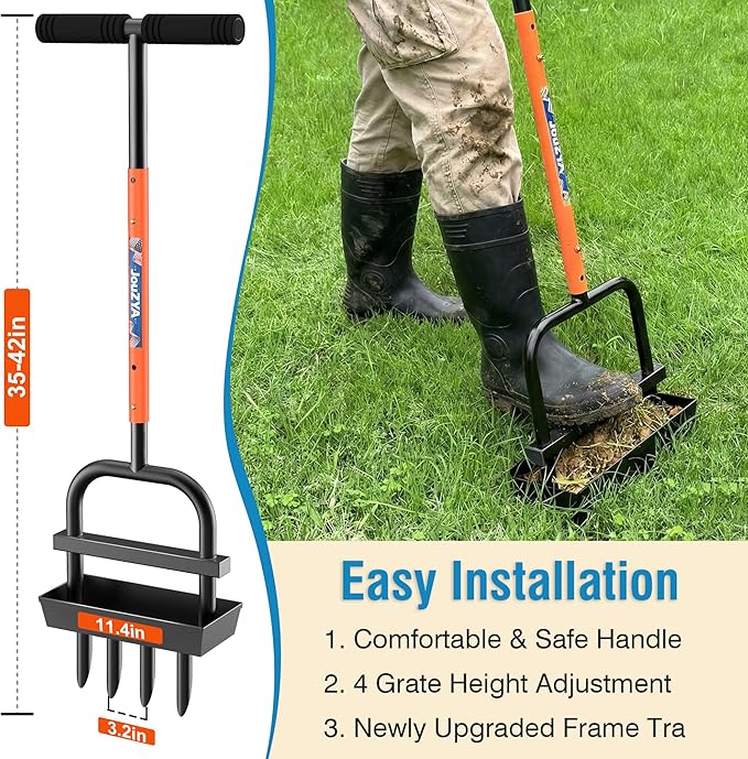 Updated Lawn Aerator Tool with Soil Core Collection Tray, Lawn Core Aerator with 4 Tines Manual Grass Aerator, Spike Lawn Coring Aerator for Yard Lawn Aeration Soil Loosening Garden Tool, Coral