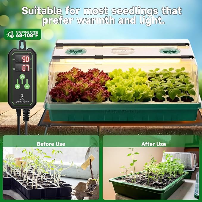 Seed Starter Tray with Grow Light and Thermostat Controller Heat Mat, 10"x 20.75" Heat Mats for Plant Growing，68-113°F Adjustable，Color Change Grow Lights，Germination Trays Kits (Green, 60 Cells)