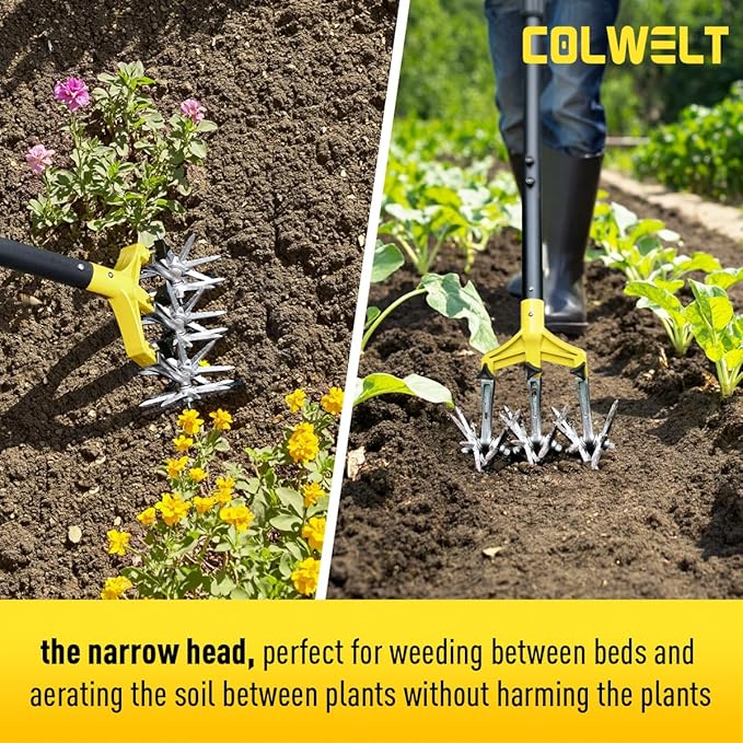 Colwelt Rotary Cultivator Garden Tool 61’’, Hand Tiller Garden Tool with Detachable Aluminum Tines, Cultivators for Gardening Soil or Reseeding Grass, Manual Cultivators & Tillers for Flowers Beds