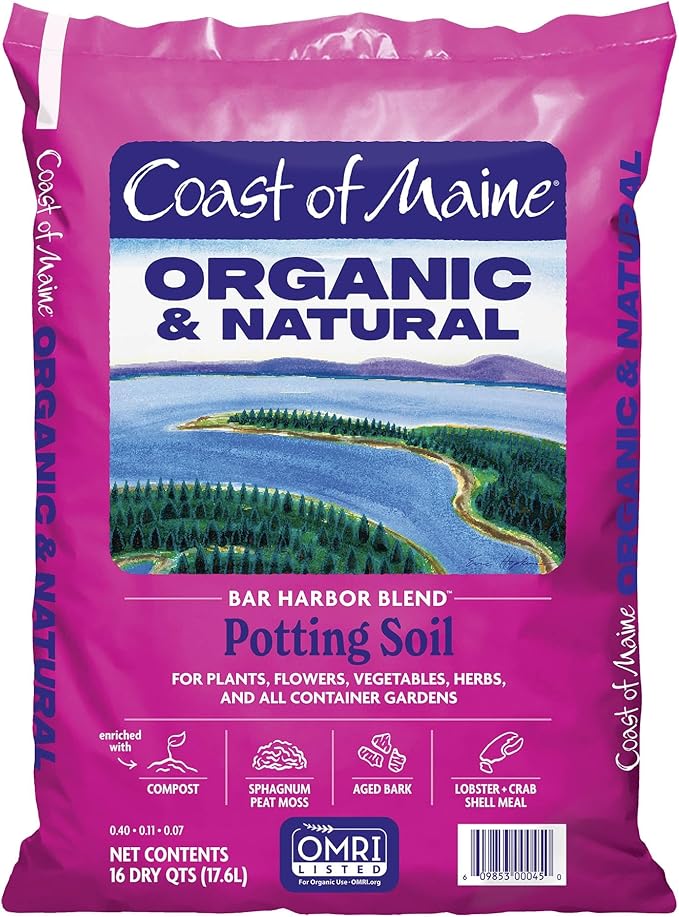 Coast of Maine Organic & Natural Bar Harbor Blend Potting Soil - Organic Soil w/Perlite for Enhanced Drainage & Aeration - for Flowers, Herbs & Veggies, Floral Baskets & Container Gardening (16 QT)