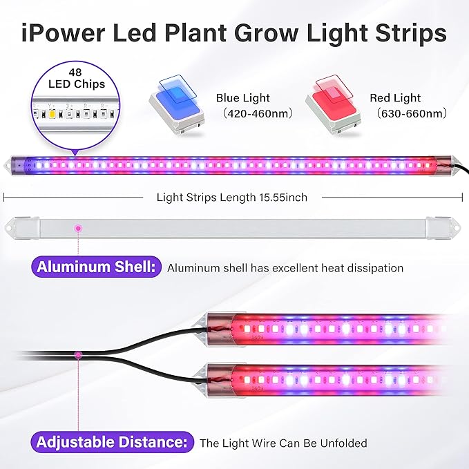 iPower 20W LED Plant Grow Light Strips Full Spectrum for Indoor Plants with Auto ON/Off 3/9/12H Timer, 10 Dimmable Levels 48 LEDs Per Light Strip, 2 Tubes