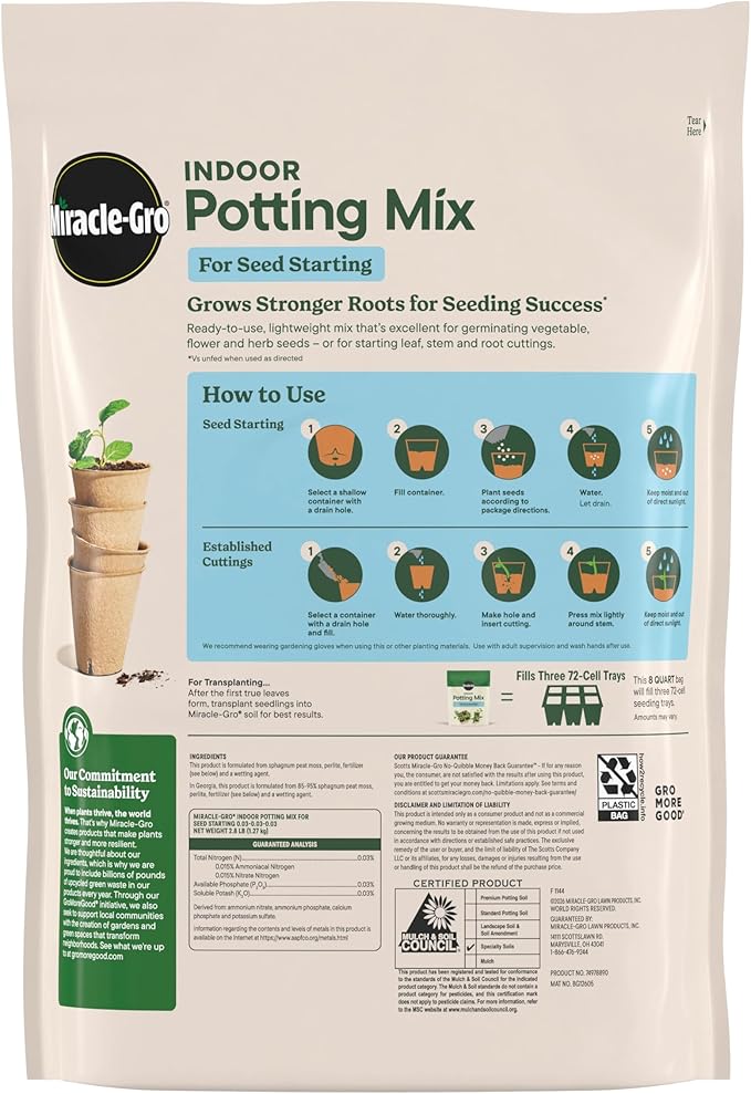 Miracle-Gro Indoor Potting Mix for Seed Starting, For Starting Vegetable, Flower, and Herb Seeds Indoors, Excellent for Cuttings, 8 qt. (2-Pack)