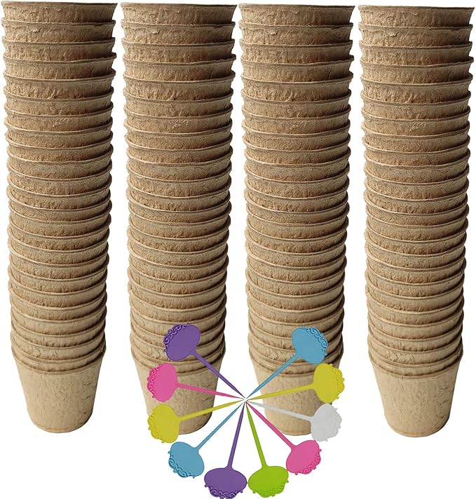 FDGARDEN Biodegradable Peat Pots for seedlings, 100 Pack Plant Seed Starter Pots Kit, 2.36inch Succulent Planter Nursery Pots with 10 Plant Markers, Garden Germination Kits