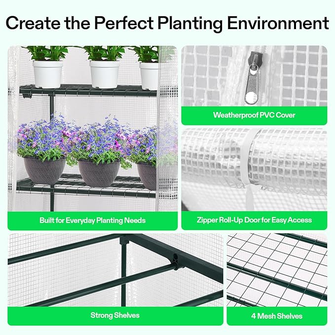 VIVOSUN Mini 4-Tier Greenhouse with Wheels, 27 x 19 x 63-Inch Reusable Portable Warm House with White PE Cover and Shelf for Compact Garden and Small Backyards, with Wheels