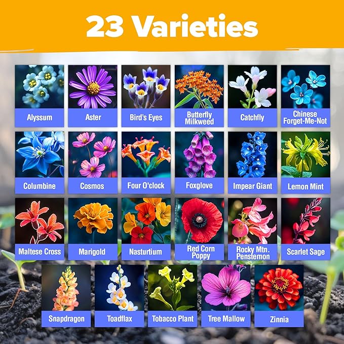 HOME GROWN Premium Wildflower Seeds 89,000+ Count - 23 Non-GMO Native Varieties for Bees, Butterflies & Birds - Perennial Wildflower Seed Mix Bulk 2oz - for Full Sun & Shade Gardens