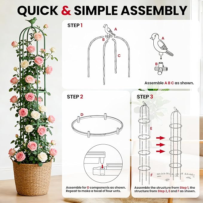 Garden Obelisk Trellis for Climbing Plants Outdoor, 4 FT Garden Trellis Plastic Coated Metal Plant Support for Indoor Outdoor, Tall Decorative Trellis for Roses, Flowers, Vines, Potted Plants
