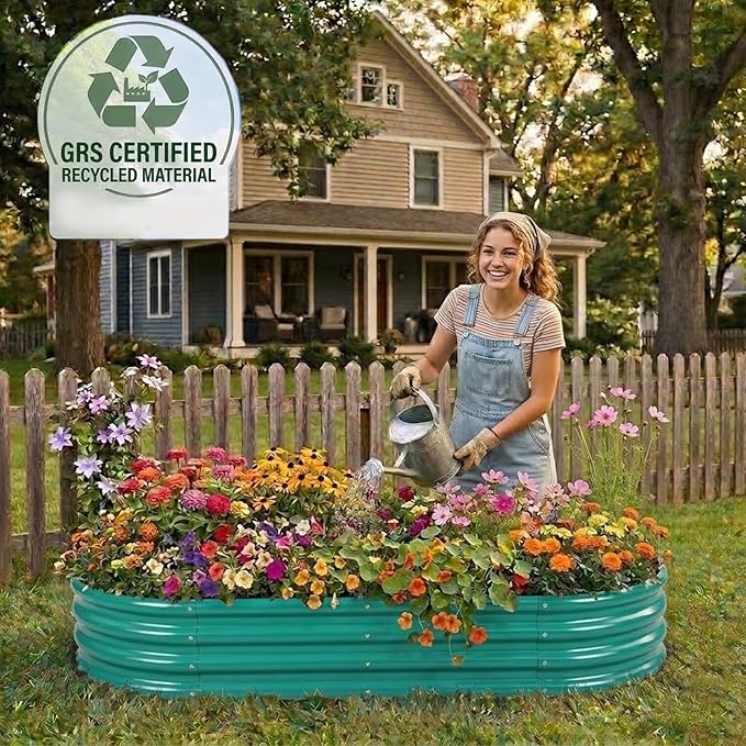 Raised Garden Bed GRS Certified Galvanized Planter Box Outdoor, 5ft Oval Rot-Resistant Metal Garden Bed Planter, Recycled Material Planter for Vegetables Flowers Herbs (Green)
