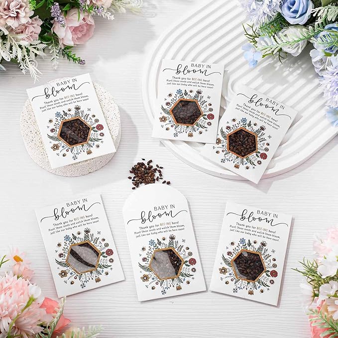 Fumete 50 Pack Baby in Bloom Seed Packets Baby Shower Party Favor for Guest Envelopes Kraft with Clear Window Resealable Seed Organizer Storage Bag for Gender Reveal Party, No Seeds(Bee)