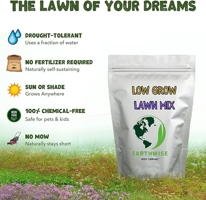 Earthwise No-Mow Low-Grow Lawn Seed Mix – 1/2 lb – 200 sq ft Bare / 500 sq ft Overseed