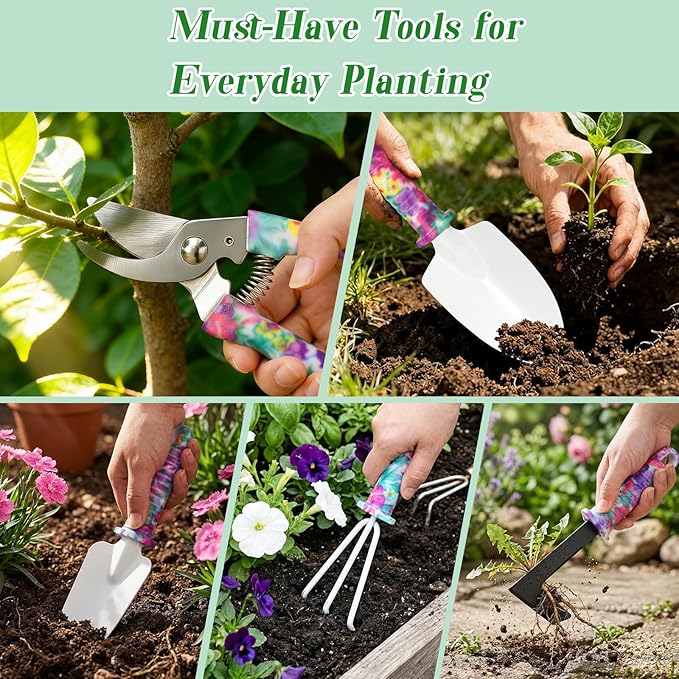 Gardening Gifts for Women for Mom Wife Grandma, 10 Pcs Gardening Supplies with Protable Case, Floral Print Garden Tools, Ergonomic Handle Trowel Rake Weeder Pruner Shears Sprayer