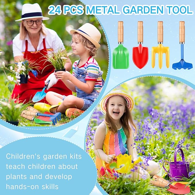 8" Kids Gardening Tools, Metal Beach Sandbox Digging Toys with Wooden Handle, Including Shovel, Rake, Fork and Trowel, Garden Sand Snow Tools for Children Gift Outdoor Gardening(24 Pcs)