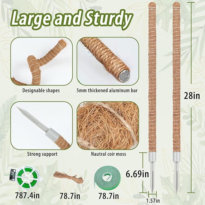 2 Pack Moss Pole, 28 Inch Monstera Plant Support, Moss Poles for Climbing Indoor Plants, Bendable Coco Coir Plant Support Stakes for Potted Plants, Pothos, Philodendron