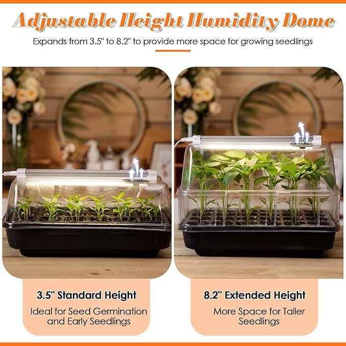 Saillong Seed Starter Tray with Grow Lights, Seedling Heating Tray with 15'' x 8.2'' Adjustable Height Humidity Domes, Plant Germination Propagation Kit for Planting Seeds, Mini Greenhouse Indoor
