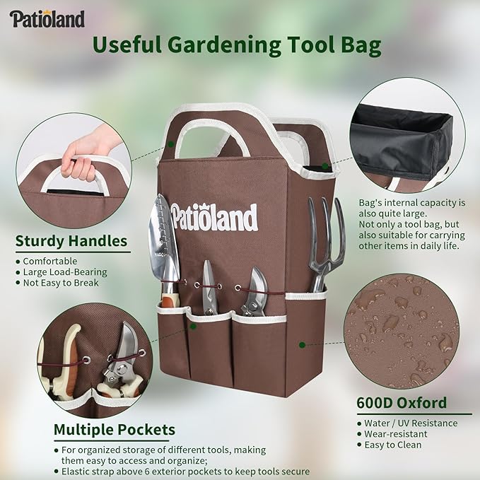 10-Piece Garden Tool Set, Brown Gardening Hand Tools with Non-Slip Handles, Heavy Duty Rust-Proof Aluminum Tools, Organizer Tote Bag & Gardening Gloves, Ideal Gardening Gifts for Women and Men