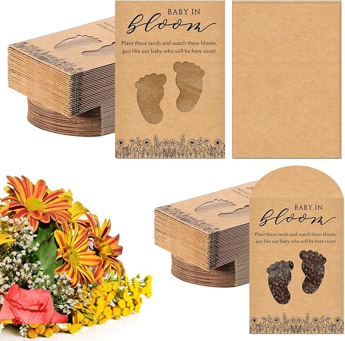 Fumete 50 Pack Baby in Bloom Seed Packets Baby Shower Party Favor for Guest Envelopes Kraft with Clear Window Resealable Seed Organizer Storage Bag for Gender Reveal Party, No Seeds(Footprints)