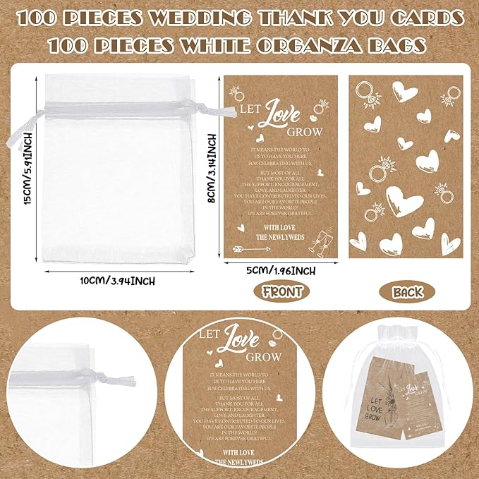 Ireer 101 Set Let Love Grow Wedding Favors for Guests Include 1 Wooden Sign 100 Self Adhesive Seed Packets Kraft Paper Seed Envelopes 100 Let Love Grow Cards 100 Bags for Guest Bridal Shower (Kraft)