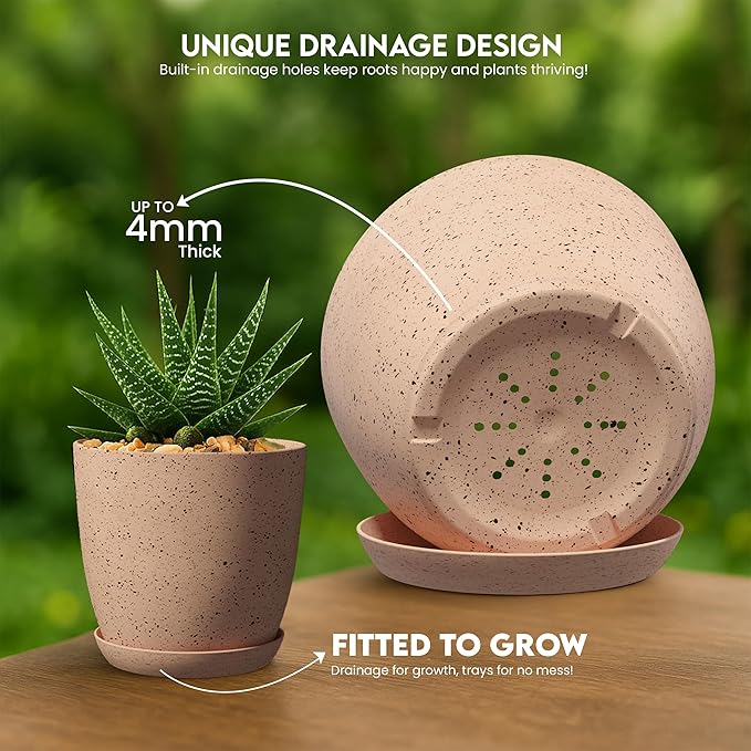 Utopia Home - Spotty Plant Pots Indoor with Drainage - 7/6.6/6/5.3/4.8 Inches Flower Pots - 5 Pack Plastic Planters - Ideal for Stocking Stuffers - (Speckled Peach Pink, Pack of 5)