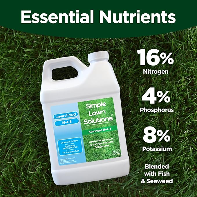 Advanced 16-4-8 Lawn Fertilizer - Liquid Lawn Food Spring & Summer Concentrated Spray - Any Grass Type- Fish and Seaweed Kelp- Balanced NPK - Simple Lawn Solutions (64 Ounce)