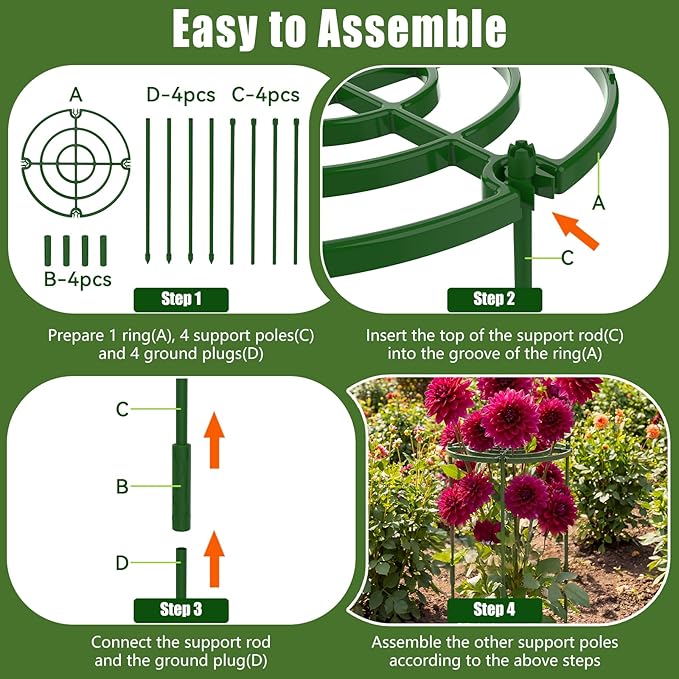 4 Pack Peony Cages and Supports, 11.8" D x 25" H Plant Supports for Outdoor Plants, Peony Support Cage Flower Support Rings, Plant Support Ring for Rose Tomato Hydrangea Strawberry