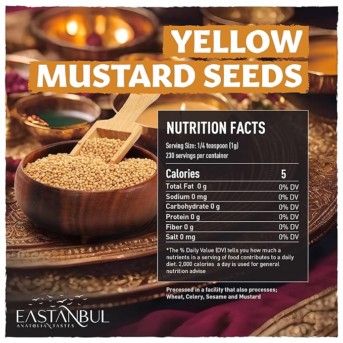 Eastanbul Mustard Seed, 8.11oz, Yellow Mustard Seeds, Semilla de Mostaza, Ideal for Cooking, Premium, Whole, Natural, Yellow, Vegan, Non GMO, Gluten Free, Suitable to Be Ground into Powder