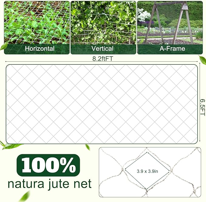 1 Piece White Jute Net Plant Support Netting 6.6 x 8 ft Heavy Duty Garden Plant Trellis Netting for Climbing Outdoor Indoor Grow Net for Cucumber Vine Tomatoes Peas Flower Fruits Vegetables