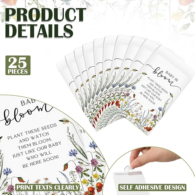 Fumete 25 Pcs Baby in Bloom Seed Packet Favors Wildflower Baby Shower Self Adhesive Envelopes for Guests Flower Packet Kraft Mini Organizer Decorations for Party Gift Favors, No Seeds