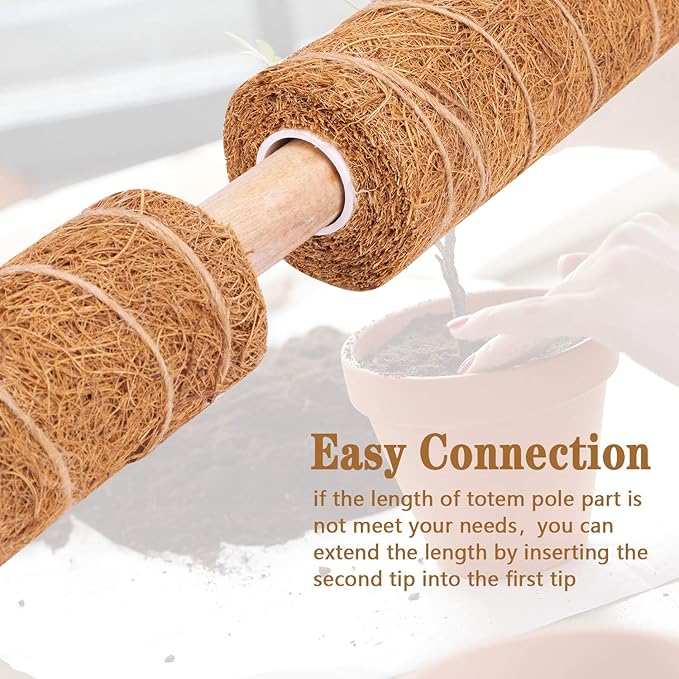 2 Pcs 12 Inches Coir Moss Poles for Climbing Plants with 4 Pcs Adjustable Plant Twist Ties - Coir Moss Totem Stick for Creepers Plant Support Extension, Climbing Indoor Plants(Total 20 Inch)