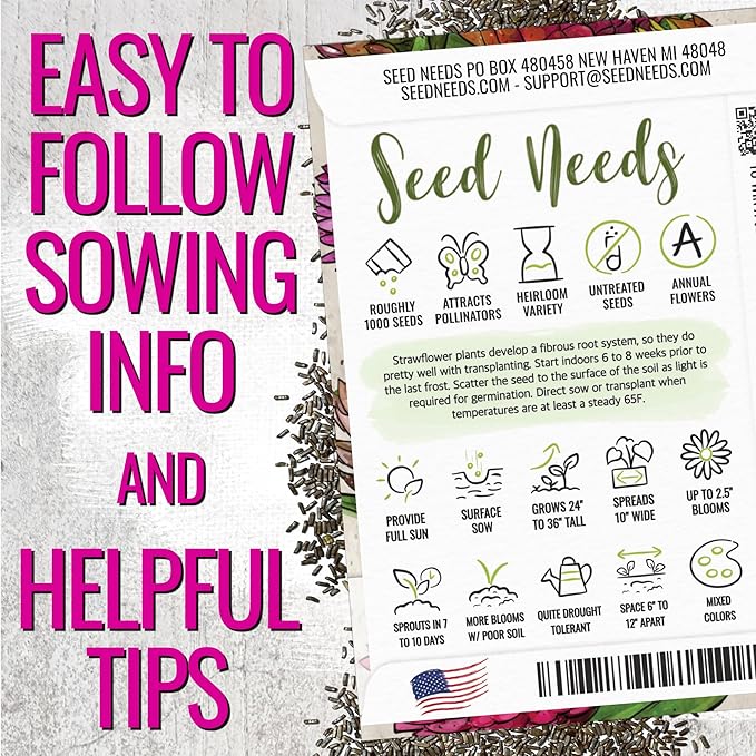 Seed Needs Strawflower Seeds for Planting - Heirloom & Open Pollinated Annual Flower Seed - Grow a Colorful Mix of Wildflowers for a Butterfly Garden, Bouquets & Floral Arrangements (2 Packs)